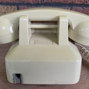 Starplus telephone, push button dial, beige landline Vintage old school office telephone, desktop phone with spiral cord, tabletop image 3