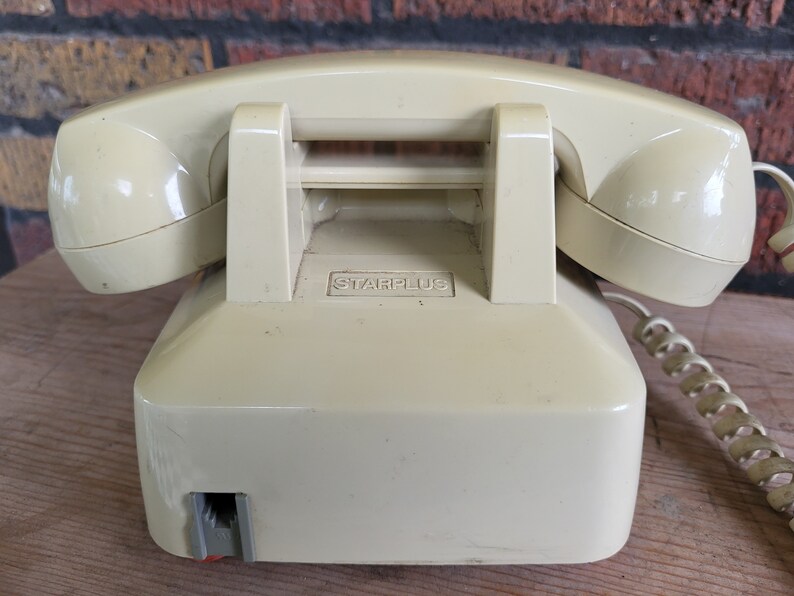 Starplus telephone, push button dial, beige landline Vintage old school office telephone, desktop phone with spiral cord, tabletop image 3