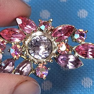 Vintage rhinestone clip on earrings pink purple and clear rhinestones with a silver backing Ear clips Unmarked MCM Bag charm clip anywhere