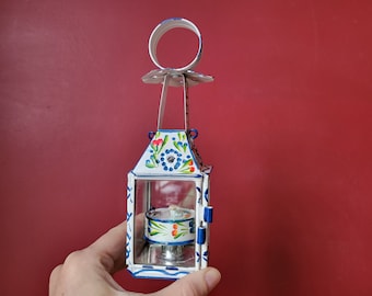 Oil Lamp with glass door and removable oil reservoir Hand painted folk art tin metal lantern glass panels Portugal 4 panel