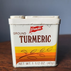 Vintage French&#39;s Spice Tin retro kitchen cupboard or Baking craft supply Autumn colors mini diorama Vintage kitchen craft Turmeric