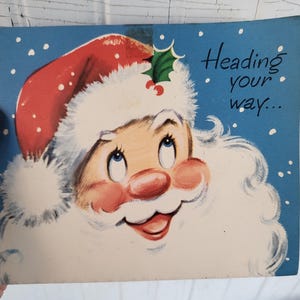 Cartão de Natal dos anos 1950, 20 polegadas de altura, Papai Noel vindo em sua direção... um GRANDE desejo de Boas Festas, decoração vintage para festas