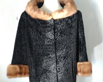 Famous Barr fur & wool coat - Vintage 40s 50s black, curly, silky wool with mink collar and cuffs, 3/4 sleeves fur coat MCM gangster style