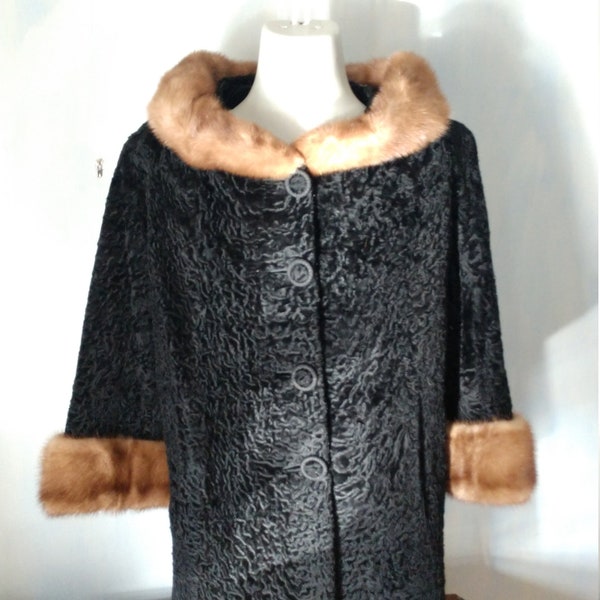 Famous Barr fur & wool coat - Vintage 40s 50s black, curly, silky wool with mink collar and cuffs, 3/4 sleeves fur coat MCM gangster style