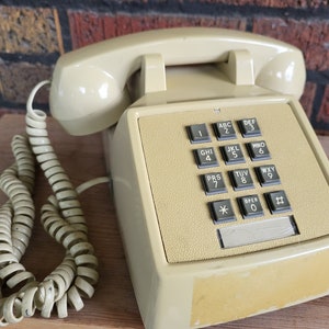 Starplus telephone, push button dial, beige landline Vintage old school office telephone, desktop phone with spiral cord, tabletop image 1