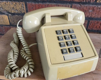 Starplus telephone, push button dial, beige landline - Vintage old school office telephone, desktop phone with spiral cord, tabletop