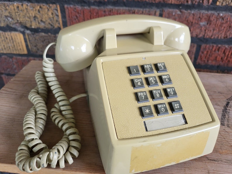 Starplus telephone, push button dial, beige landline Vintage old school office telephone, desktop phone with spiral cord, tabletop image 1