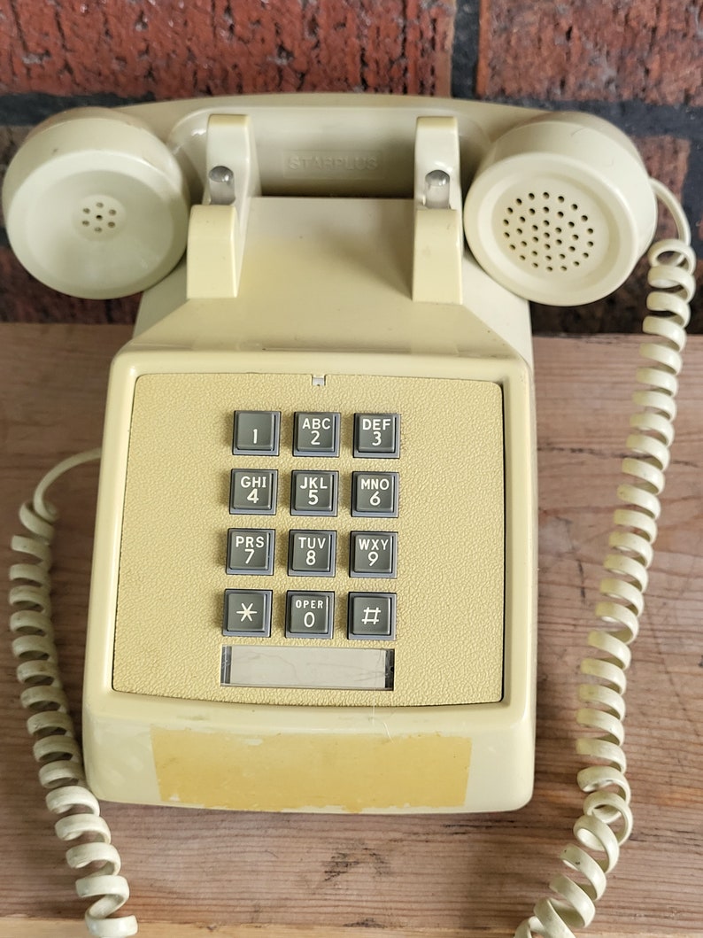 Starplus telephone, push button dial, beige landline Vintage old school office telephone, desktop phone with spiral cord, tabletop image 5