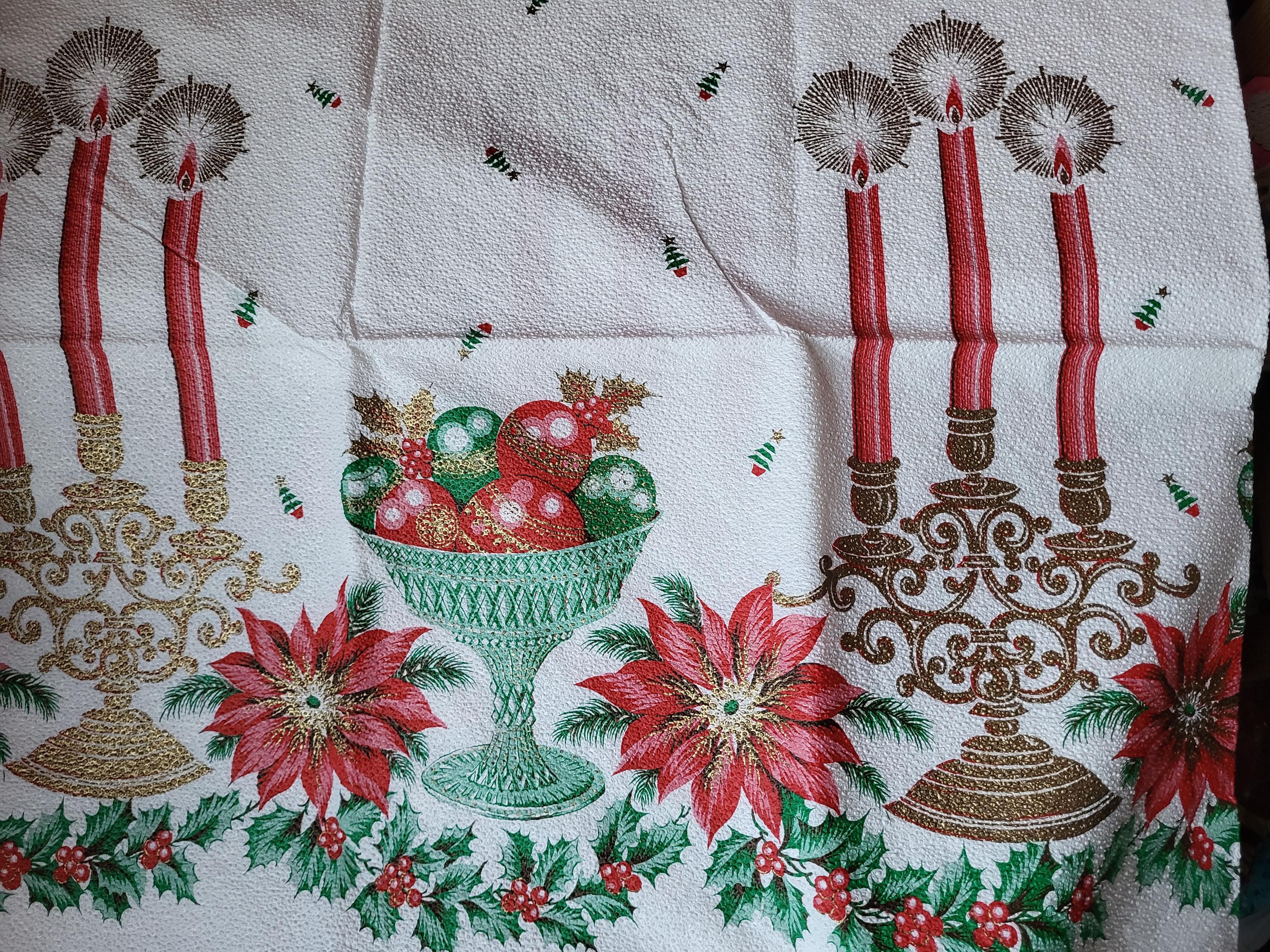 Vintage Christmas tablecloth Textured plastic material 54 x 72 rectangle Red green gold and white Cut glass Candelabra Poinsettia