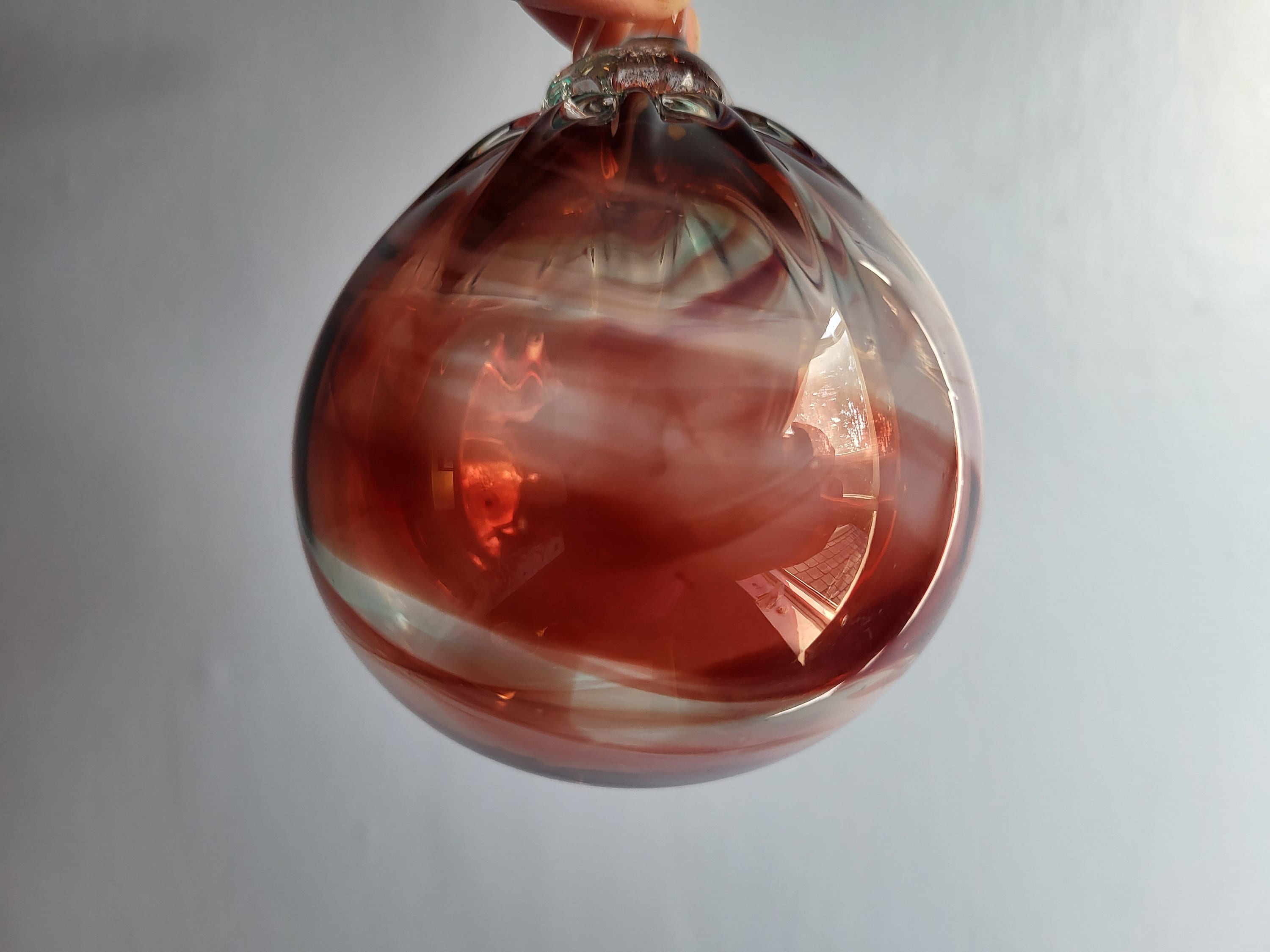 Glass Ball Ornament 3.5" tall Handblown Art Glass Sphere - Red White Clear