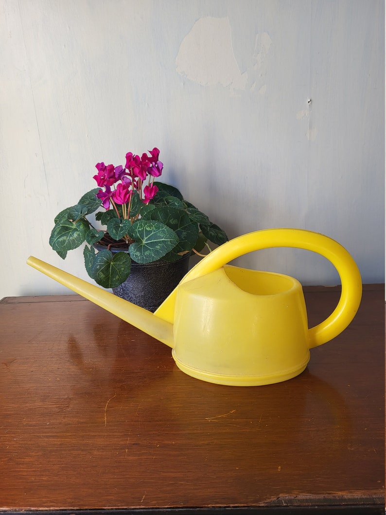 Swiss Stöckli Bright Yellow Watering Can. Vintage plastic long narrow spout indoor water can image 3