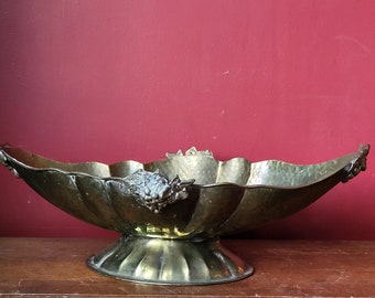 Stunning huge centerpiece bowl, hammered brass, made in India, clusters of grapes on each side, large footed bowl, holiday table, hammered