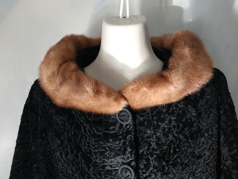 Famous Barr fur & wool coat Vintage 40s 50s black, curly, silky wool with mink collar and cuffs, 3/4 sleeves fur coat MCM gangster style image 4