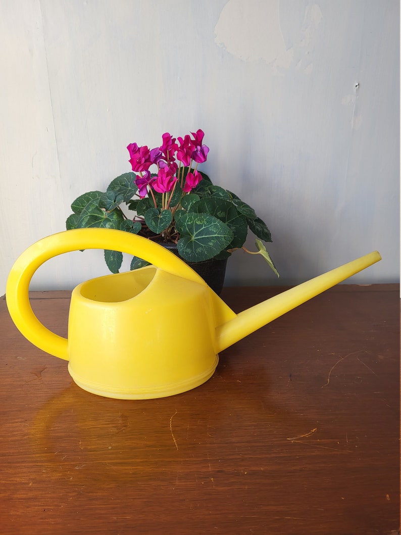 Swiss Stöckli Bright Yellow Watering Can. Vintage plastic long narrow spout indoor water can image 1