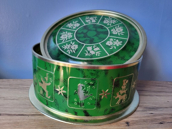 Biscuit Tin, Green and Gold, Made in Brazil Fairy Tale Characters, Scenes  Around the Sides -  Canada