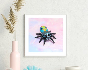 Lámina artística de araña saltadora, impresión fina de animal araña, póster de araña adorable, póster giclée para decoración de pared, tamaño cuadrado: 40 x 40 cm