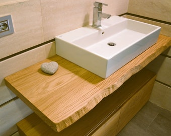 Top lavabo bagno in legno massello, base pannello in quercia rustica rovere