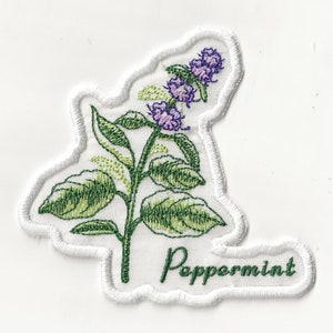 May include: White embroidered patch with a green peppermint plant with purple flowers and the word "Peppermint" in white cursive.