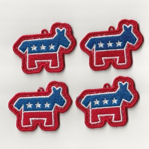 May include: Four iron-on patches featuring a red, white and blue donkey. The donkey is the symbol of the Democratic Party in the United States.
