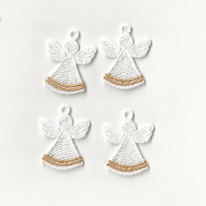 May include: Four white embroidered angel ornaments with gold trim. The angels have wings and a halo.