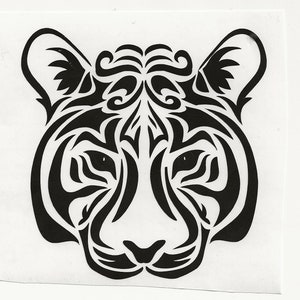 May include: Black and white stylised illustration of a tiger's face with intricate details in the fur and eyes.