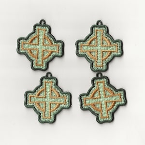 May include: Four green and gold Celtic cross ornaments with a woven texture.