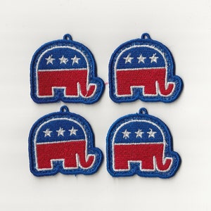 May include: Four blue, red and white embroidered patches of an elephant with five stars. The elephant is the symbol of the Republican Party.