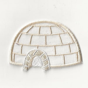 May include: A white embroidered patch of an igloo with a white entrance.