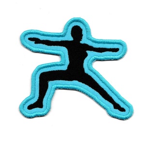 May include: A blue outlined silhouette of a person in a yoga pose. The person is in a warrior pose with their arms outstretched.