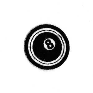 May include: Black and white embroidered patch of a billiard ball with the number eight in the center.