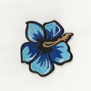 May include: Blue embroidered hibiscus flower patch with a brown stem.