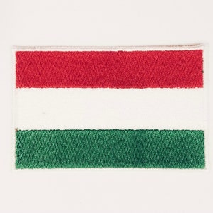 May include: A red, white, and green embroidered patch with the colors of the Hungarian flag.