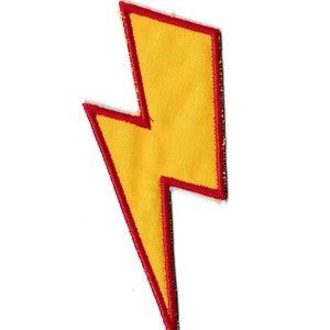 May include: Yellow lightning bolt patch with a red outline. The patch is made of fabric and has a stitched edge.
