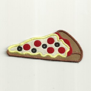 May include: A brown, yellow, red, and black embroidered patch of a pizza slice.