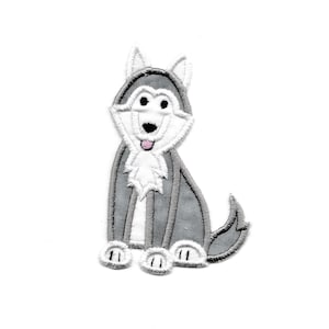 May include: A gray and white embroidered iron-on patch of a cartoon husky dog sitting with its tongue sticking out.