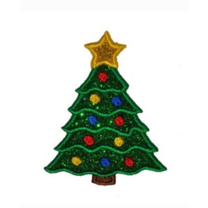 Könnte beinhalten: Ein grüner Glitzer-Weihnachtsbaum mit einem gelben Stern oben und bunten Kugeln.