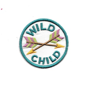 May include: A white circle with a teal border and the words "WILD CHILD" in teal lettering. Two crossed arrows with pink, green, and yellow stripes are in the center of the circle.