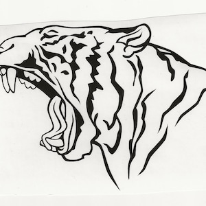May include: Black and white line art illustration of a tiger's head with its mouth open in a roar. The tiger's stripes are visible.