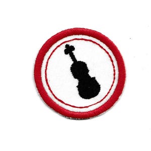 May include: A red and white embroidered patch with a black silhouette of a violin in the center.