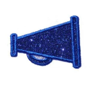 May include: A blue glitter megaphone patch. The megaphone is a common symbol of cheering and encouragement.