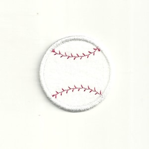 May include: White baseball patch with red stitching. The patch is round and has a white background with red stitching around the edges.