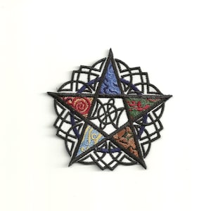 May include: A black and white embroidered pentagram with five points, each filled with a different colored pattern. The pentagram is surrounded by a black and white Celtic knot design.