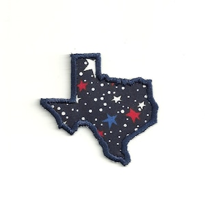 Op de afbeelding: Een blauwe vilt-omtrek van de staat Texas op een witte achtergrond. De omtrek is gevuld met een donkerblauwe stof met witte, rode en blauwe sterren en witte stippen.