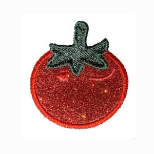 May include: Red glitter tomato with a green felt stem and leaves. This is a small, embroidered patch.
