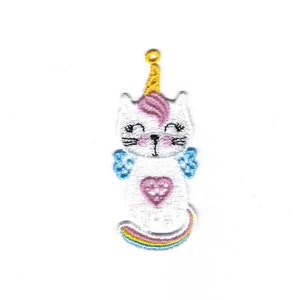 May include: Embroidered patch featuring a white cat with a pink unicorn horn and a pink and purple mane. The cat has blue wings, a pink heart on its chest, and a rainbow tail. The patch is designed for decorative purposes.