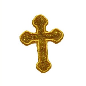 Op de afbeelding: Een strijkbare patch in de vorm van een gouden glitterkruis. Deze patch is perfect om een religieuze touch toe te voegen aan kleding, tassen of andere stoffen items.