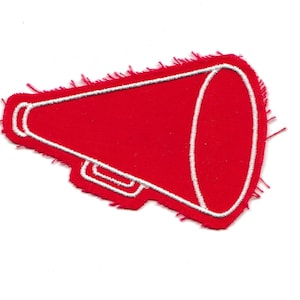 May include: Red felt megaphone patch with white stitching. The megaphone is a common symbol of cheerleading and sports.