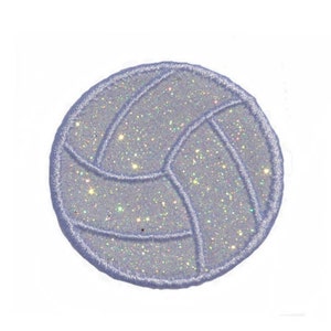 May include: A white volleyball with a glittery finish. The volleyball is outlined in a light blue color.