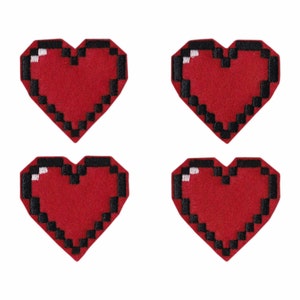 May include: Four red pixelated heart-shaped patches with black outlines. The patches are made of felt and are perfect for adding a touch of whimsy to any project.