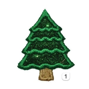 May include: A green glitter Christmas tree with a brown trunk. The tree is embroidered with a wavy design. The number 1 is visible in the bottom right corner of the image.